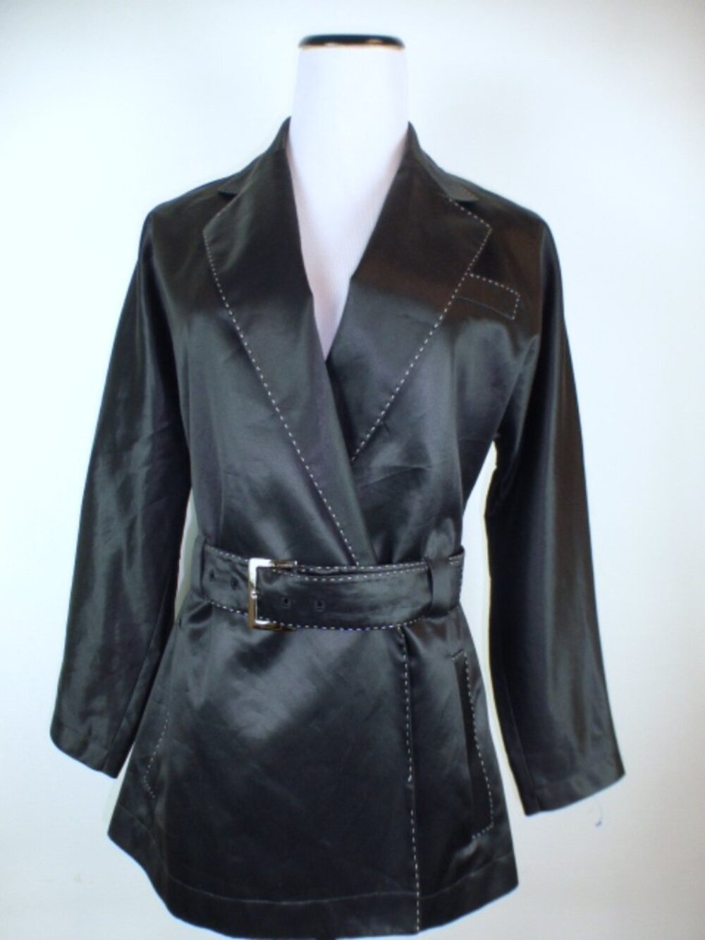 NICOLE FARHI Black silk cotton satin jacket blazer belt Made in Italy 4